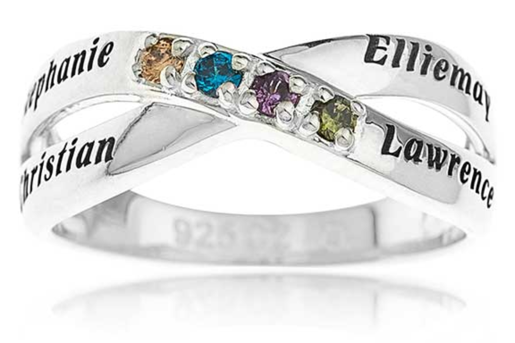 Rings with birthstones and names engraved on them