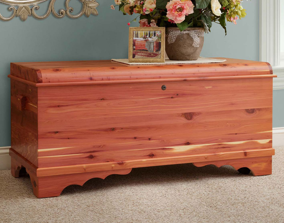 Brown wooden cedar chest on a skin-white rug