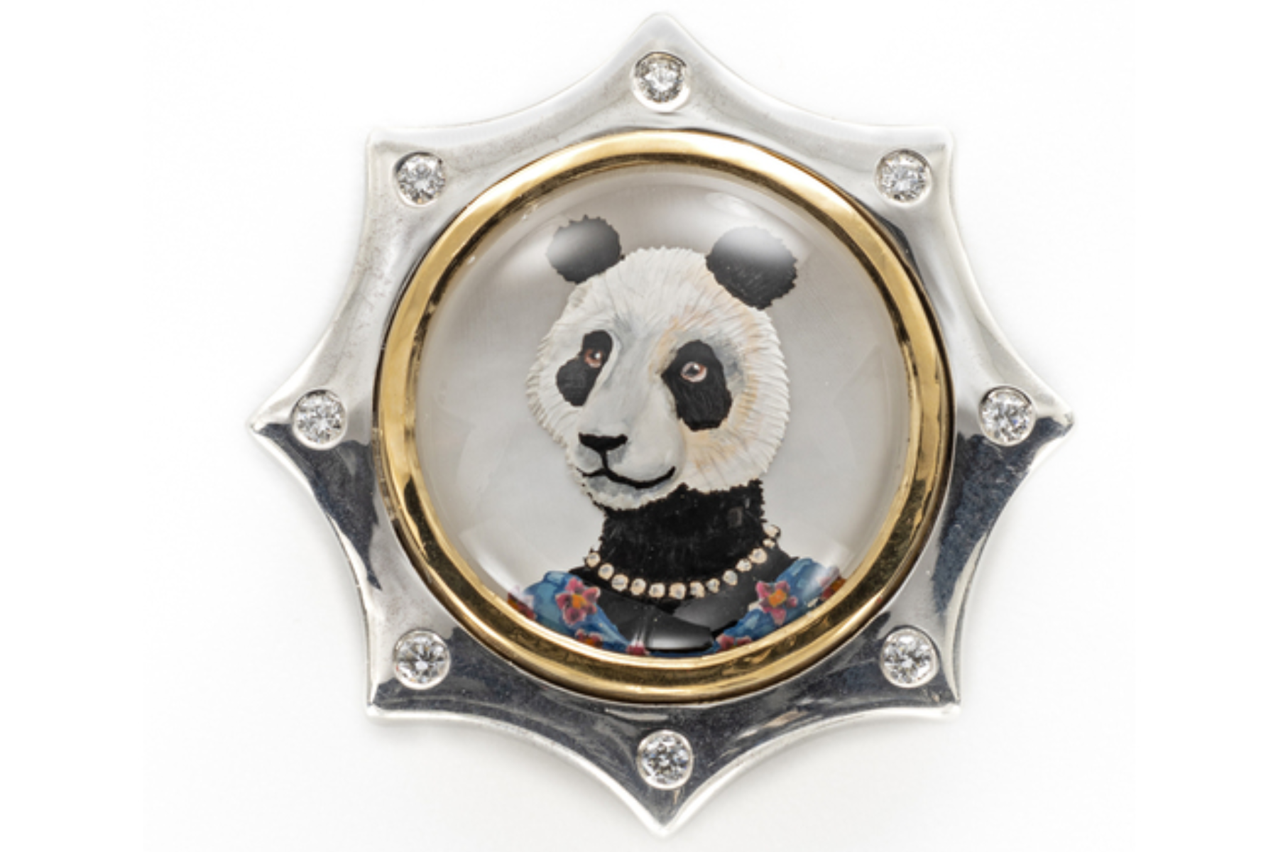 Rémanimals jewelry with a hand-painted panda wearing clothes and a necklace