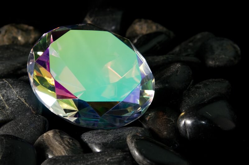 The round cut mystic topaz sits on top of black stones