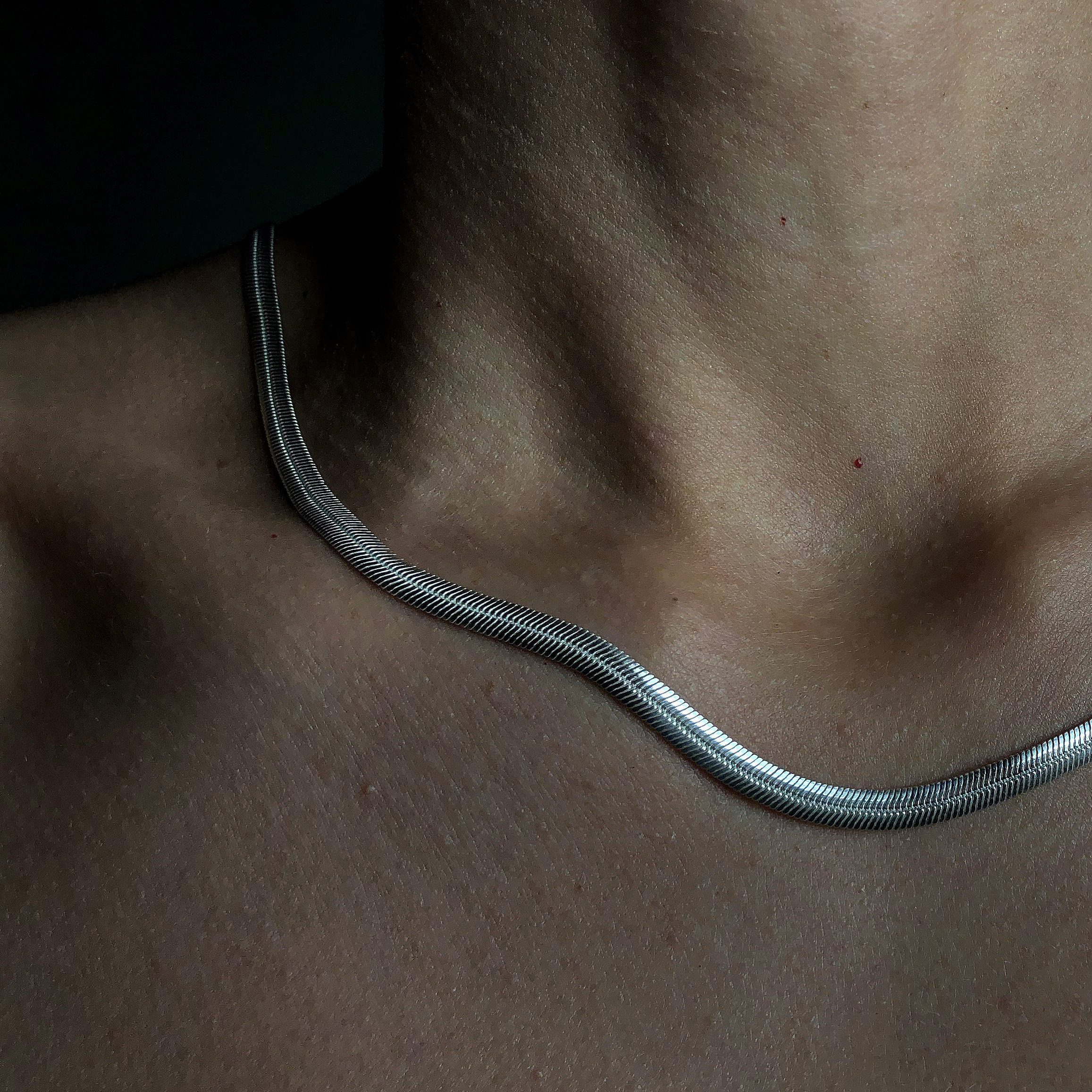 A shirtless man wearing a Herringbone Silver necklace