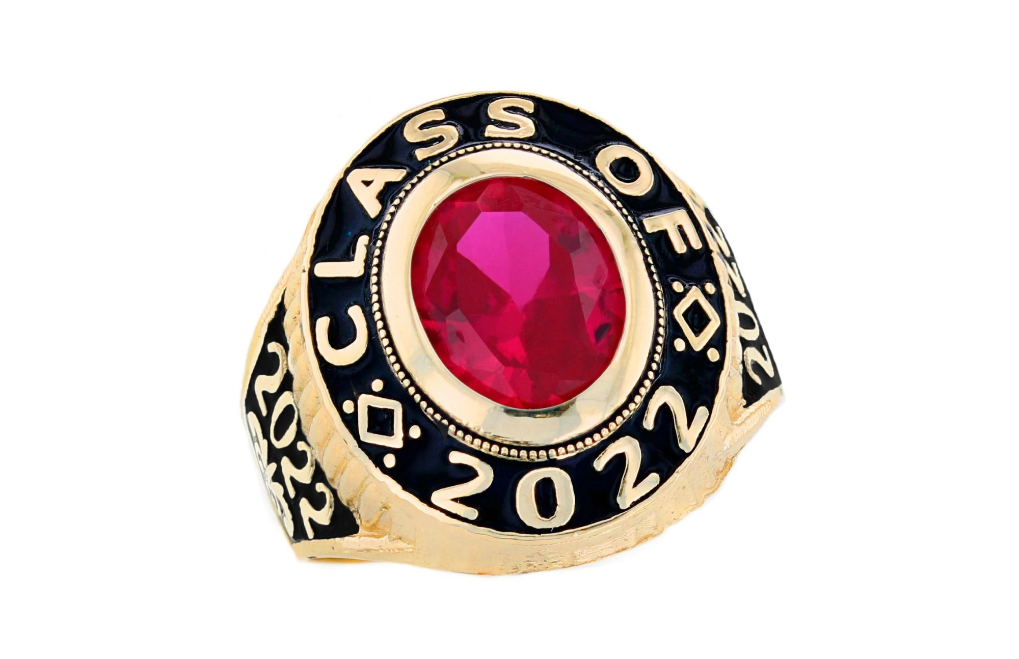 Garnet stone on a gold body ring with the words "Class of 2022"