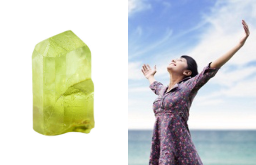 A chrysolite stone and a young woman raising both hands