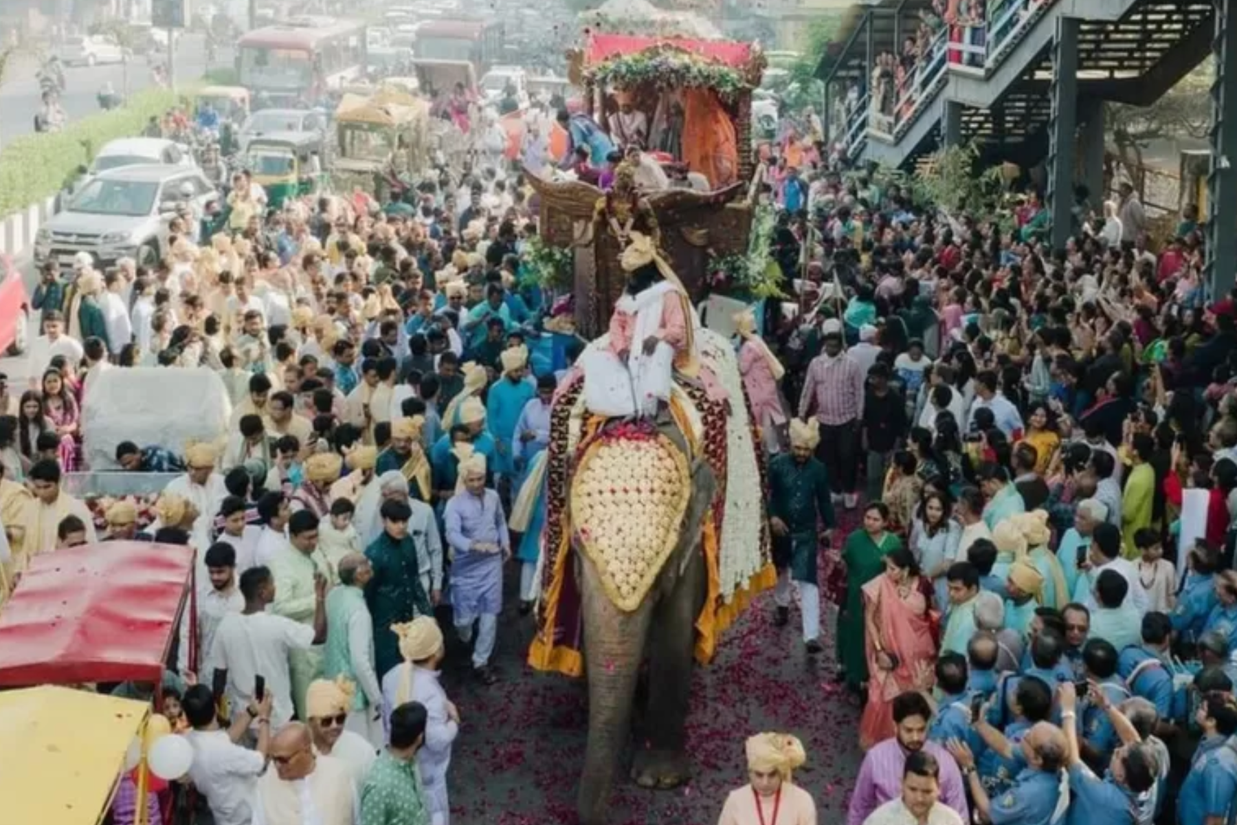 Devanshi and her family sat in a chariot pulled by an elephant, while crowds showered them with rose petals