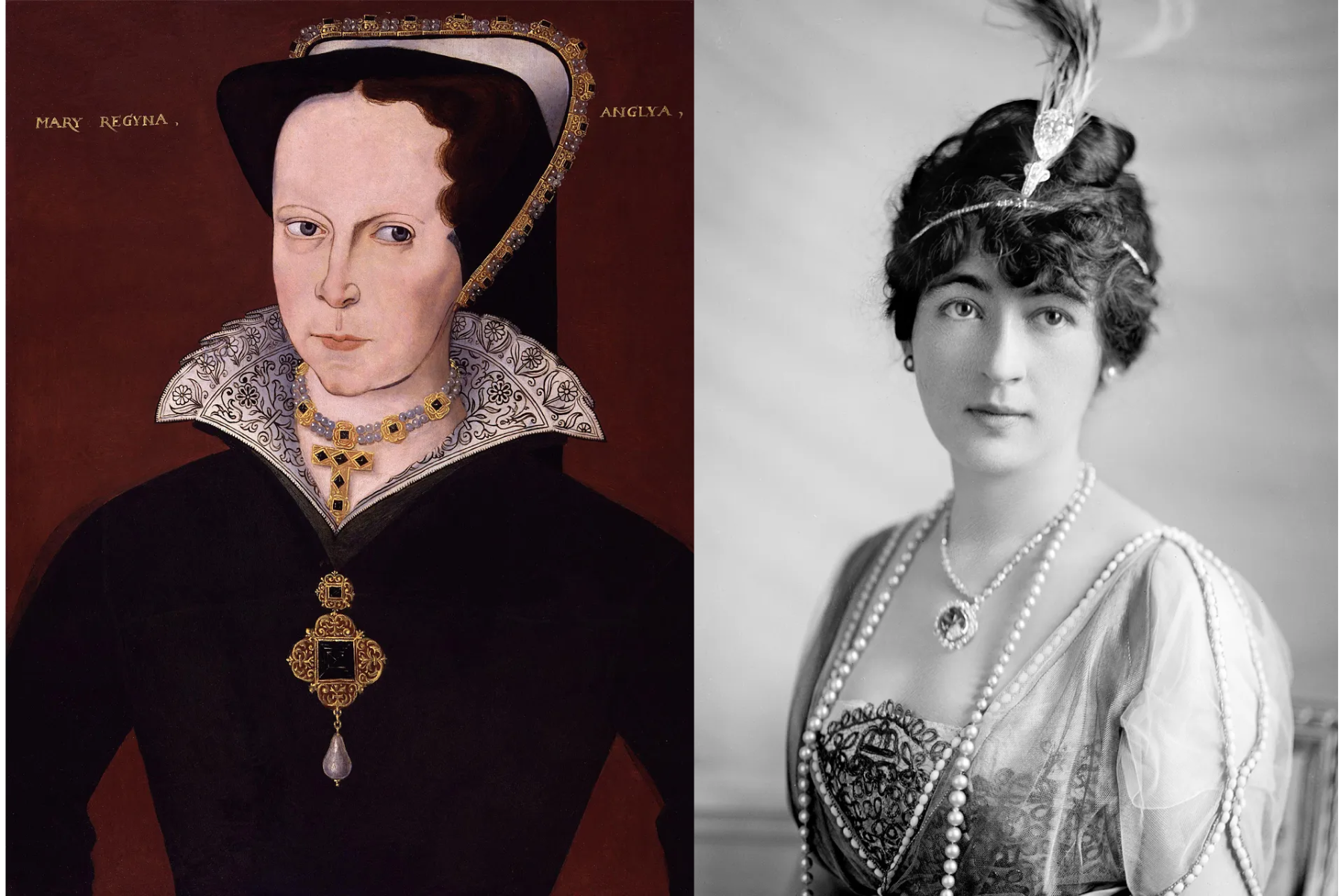The Peregrina pearl worn by Queen Mary l and the cursed hope diamond worn by heiress Evalyn Walsh McLean