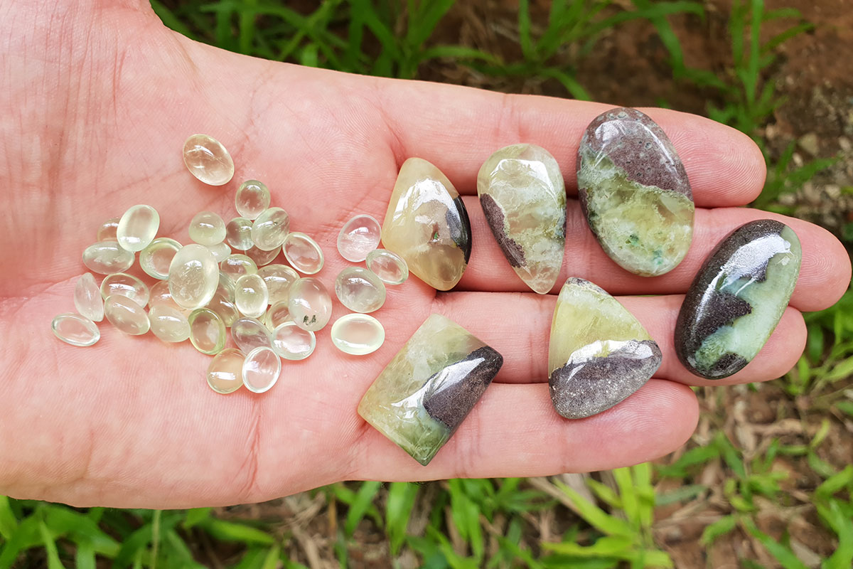 A woman's hand holding various sizes and shapes of prehnite stones