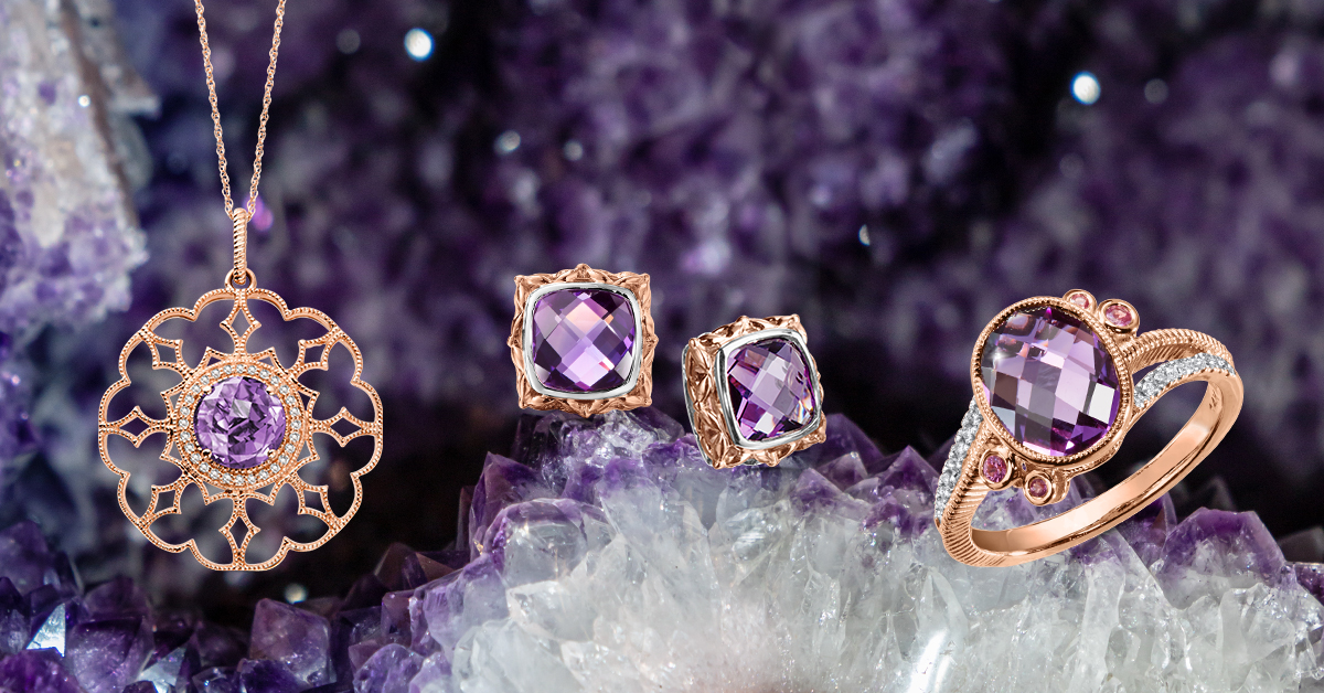 Three different amethyst jewelry pieces within the amethyst tunnel