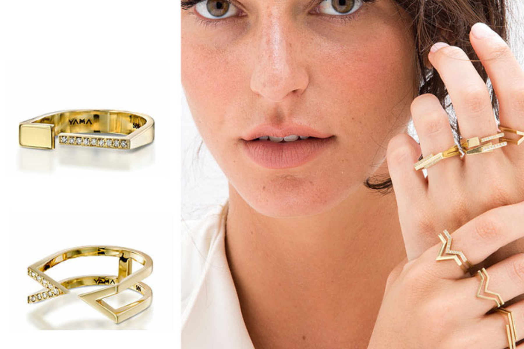 A woman wearing geometric gold rings