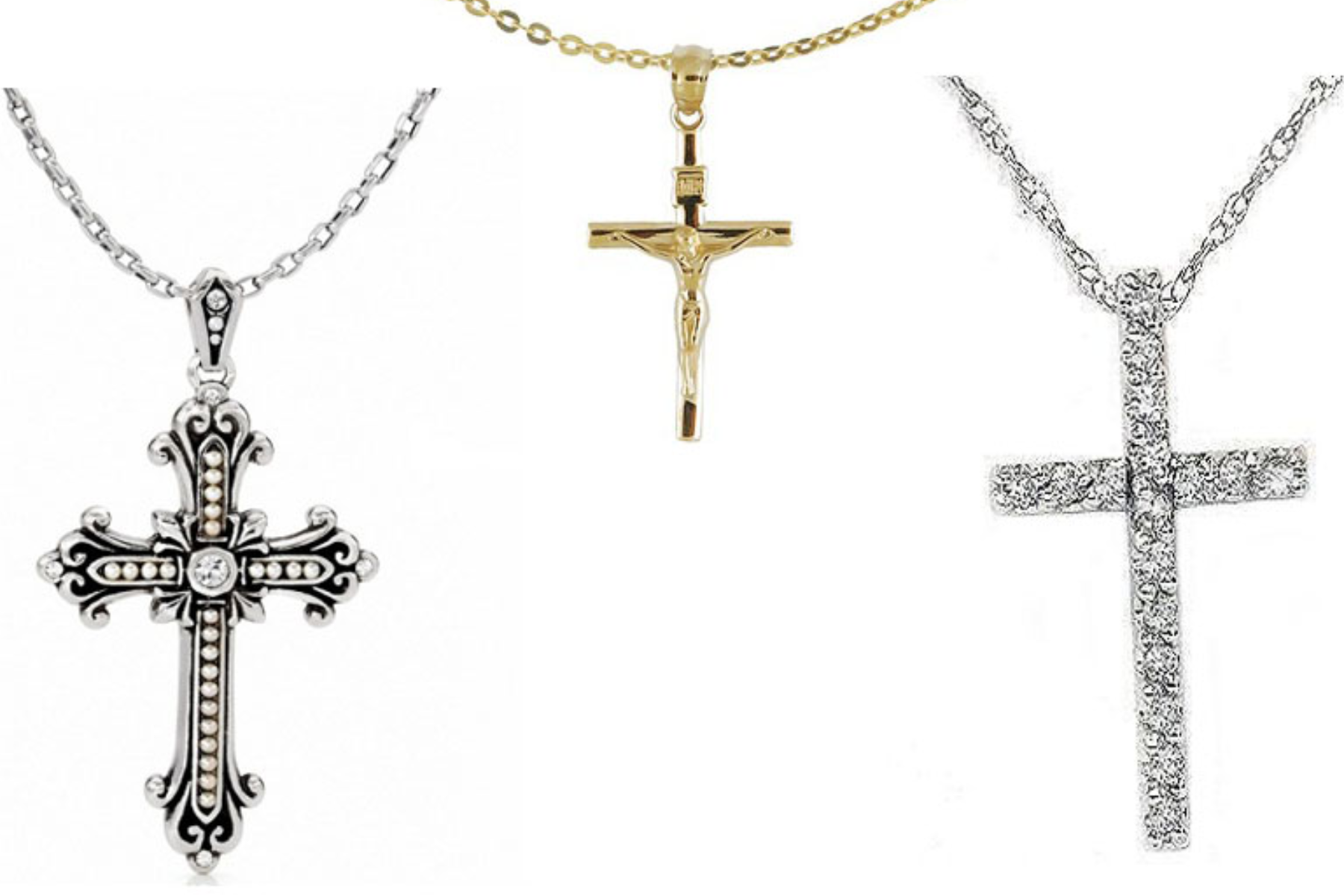 Three distinct varieties of cross pendant necklaces