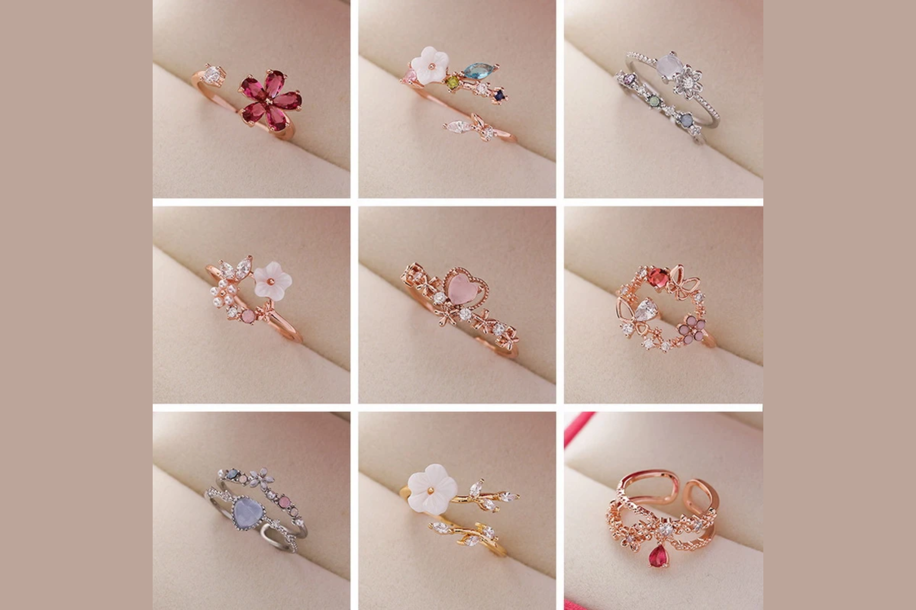 Nine distinct flower rings designs
