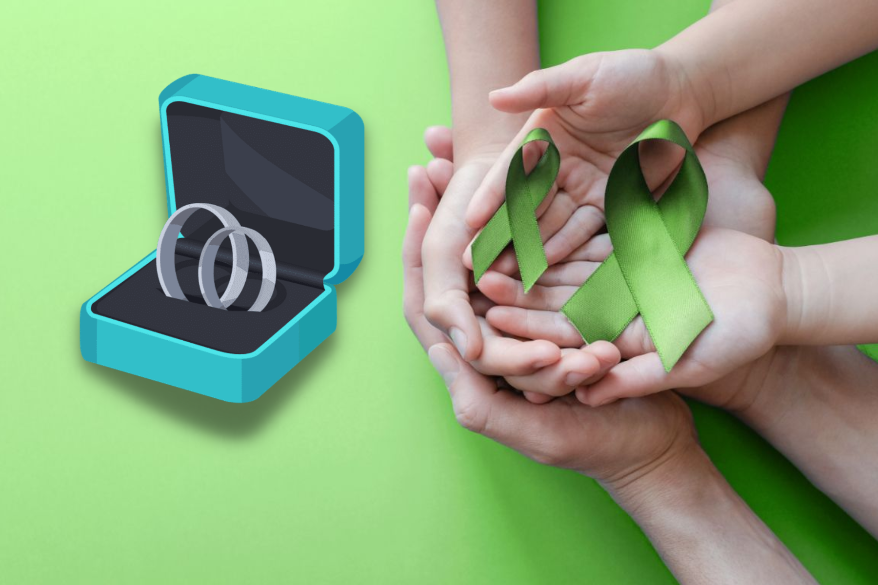A family member's hand holding a green ribbon next to two platinum rings