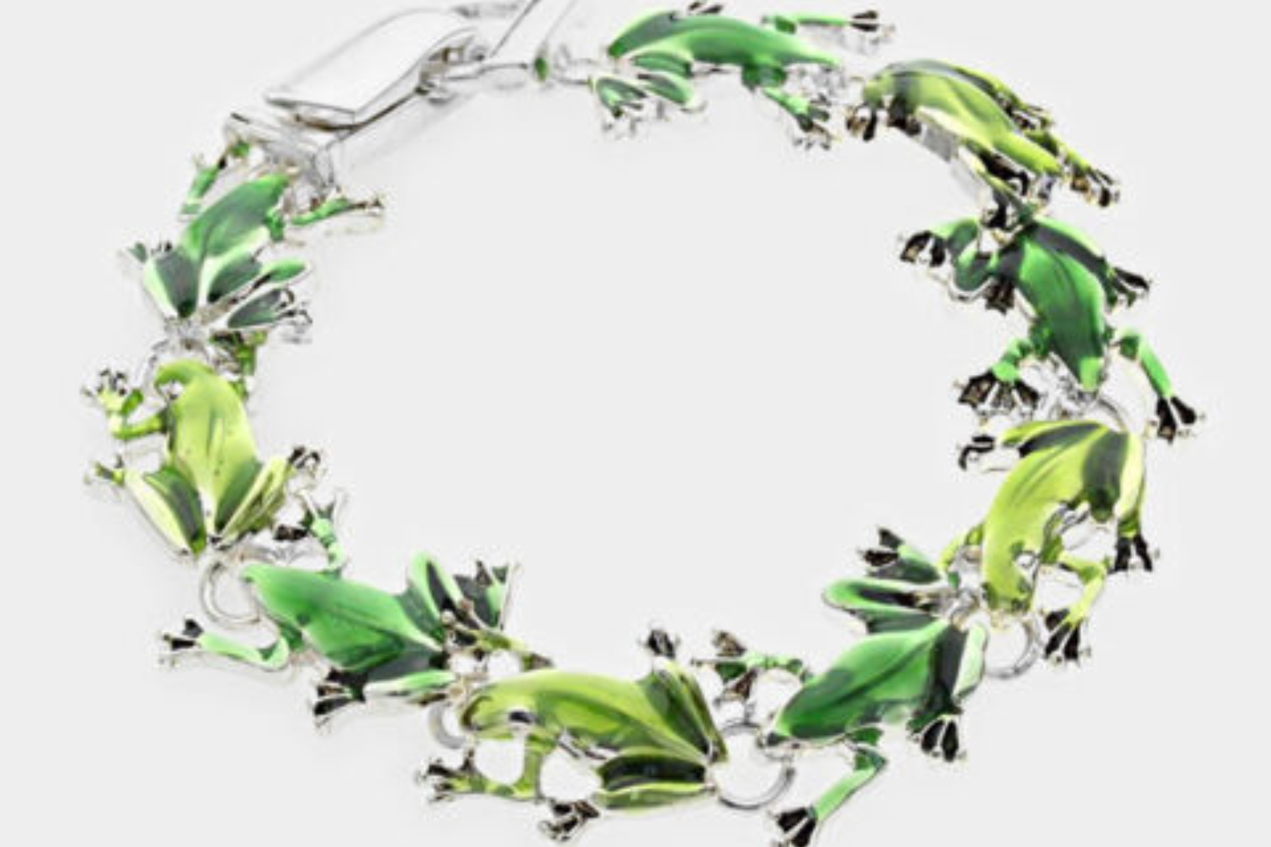 A bracelet with a design of green frogs