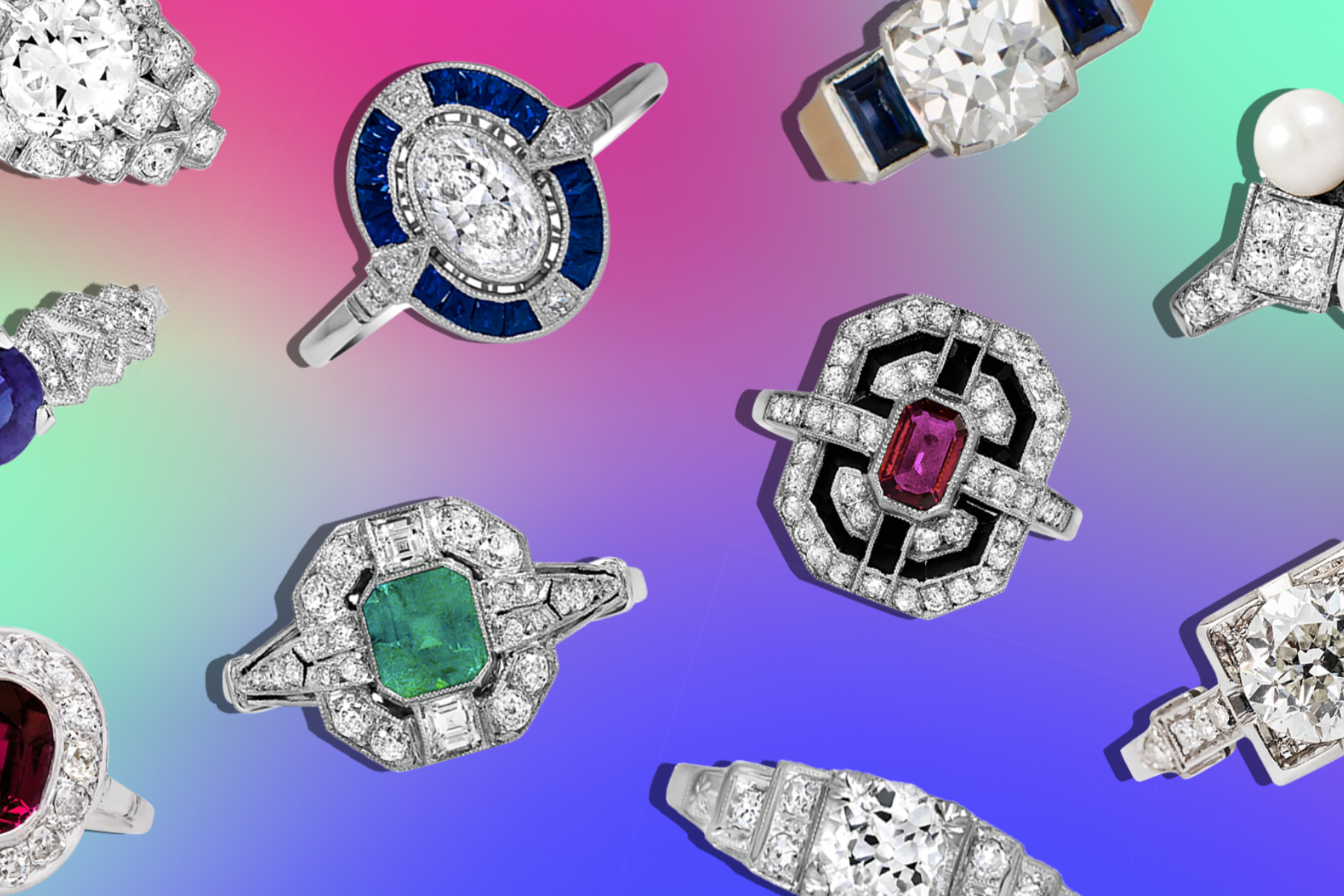 Art Deco rings in a variety of shapes and styles