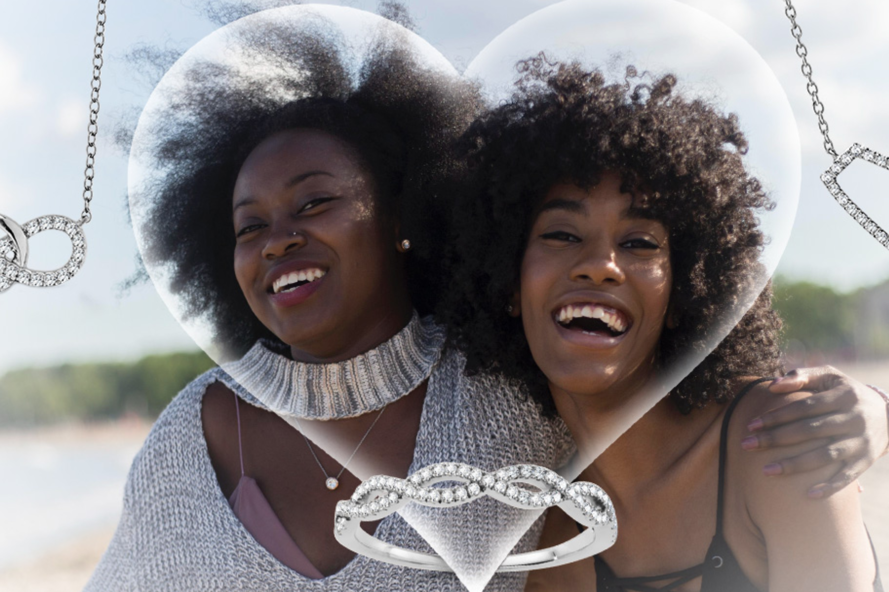 Two black sisters are surrounded by platinum jewelry