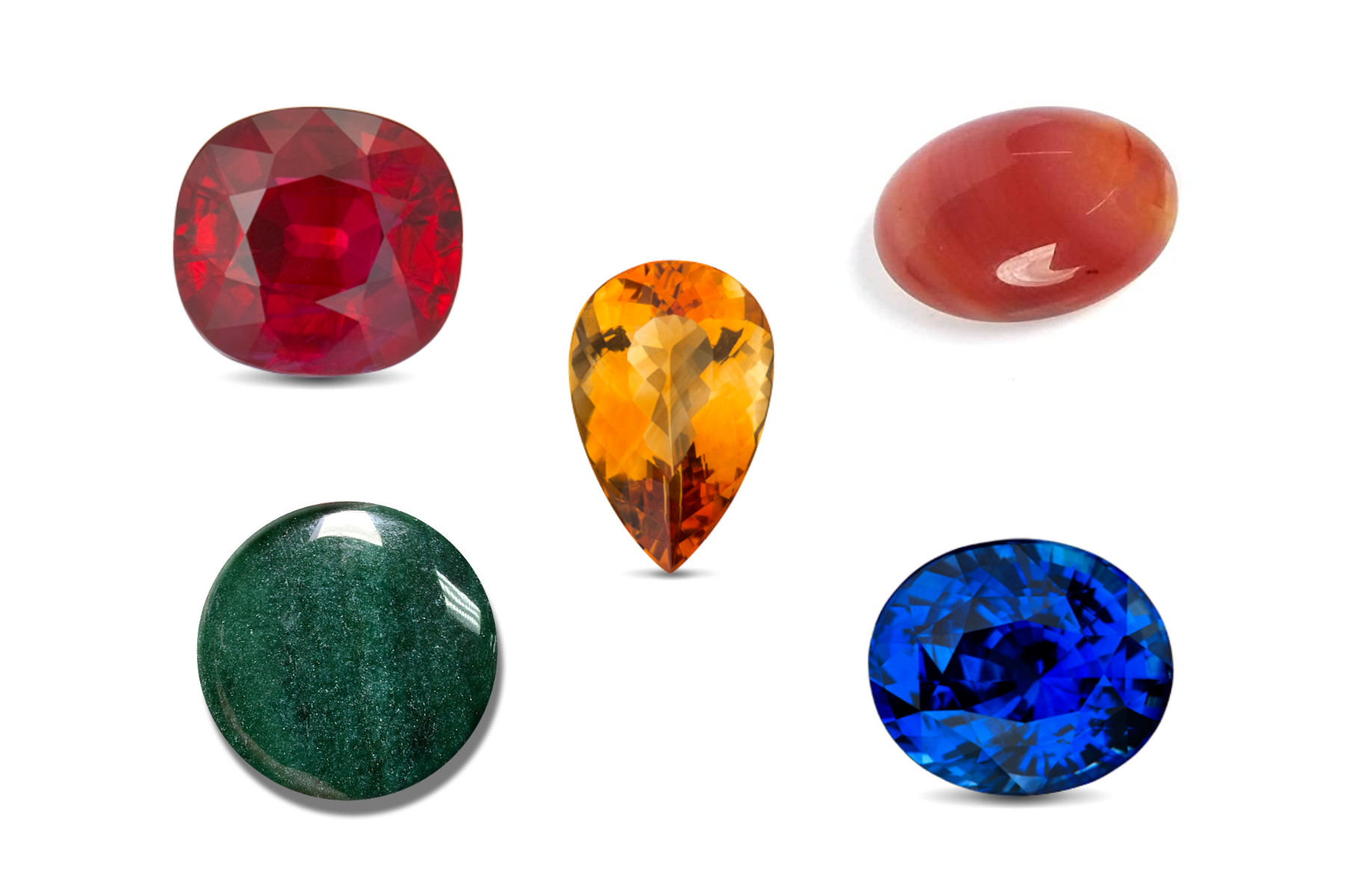 The Ruby, Citrine, Carnelian, Aventurine, and Sapphire gemstones