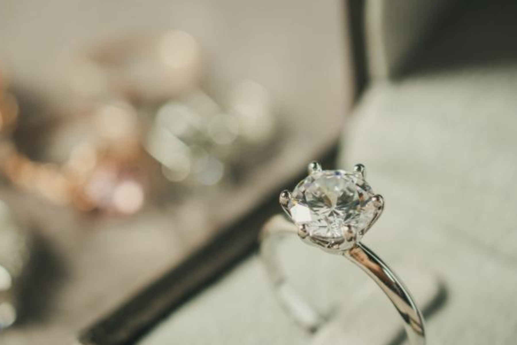 An image of a diamond engagement ring with a blurry background