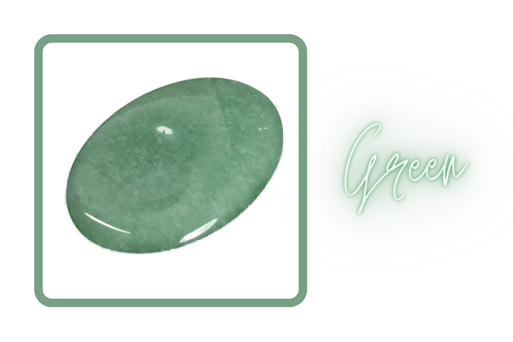 Green Aventurine stone on a green box with the word "green" and a green light effect