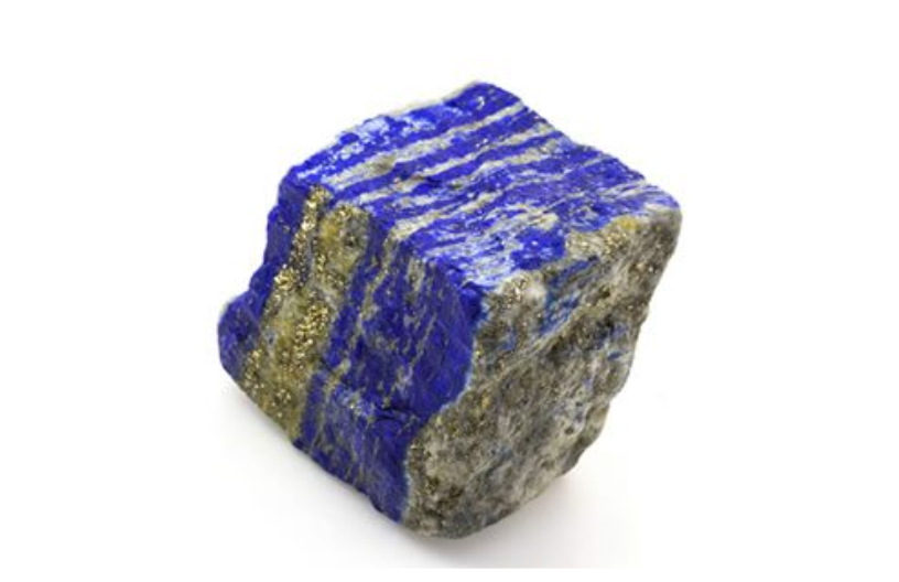 A cube-shaped lapis lazuli with a gold lining in it