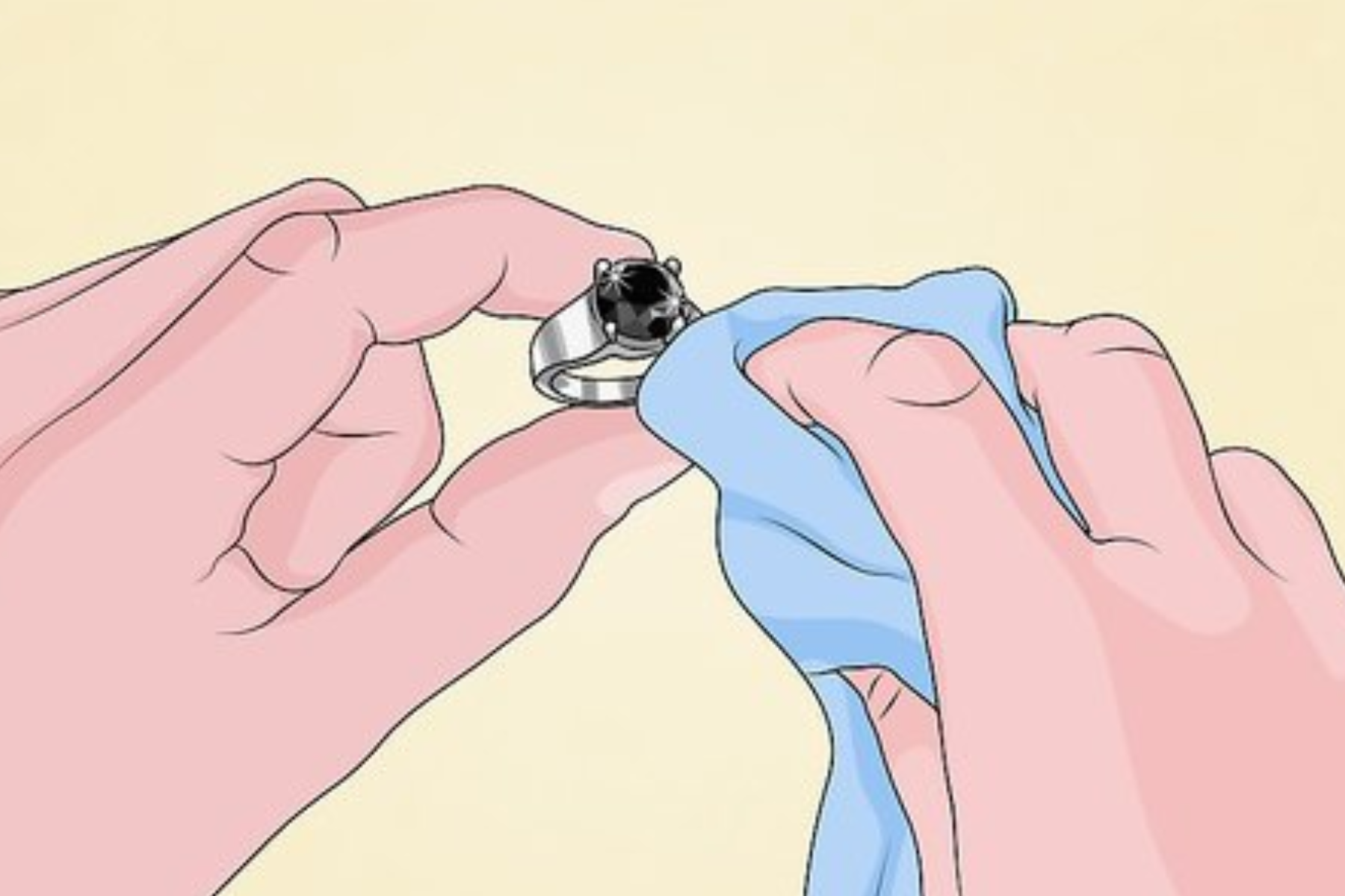 A black diamond engagement ring being cleaned by a man's hand with a blue cloth in an artwork
