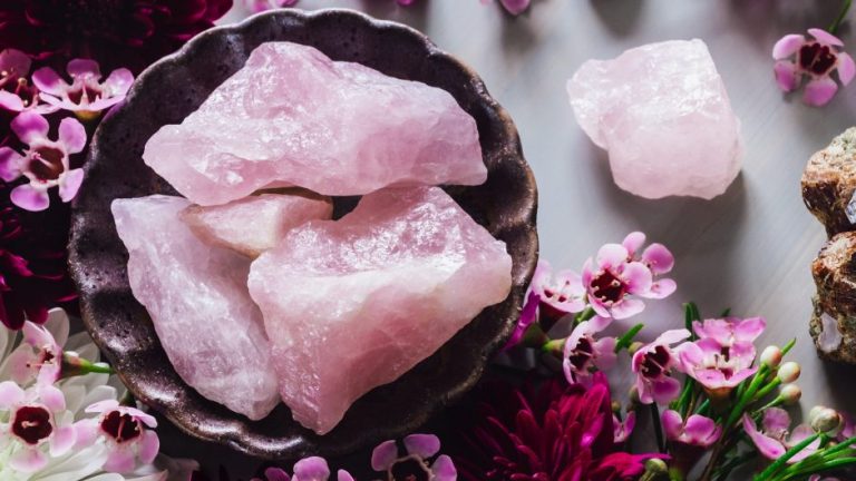 Rose quartz crystals in a small bowl with flowers around the bowl
