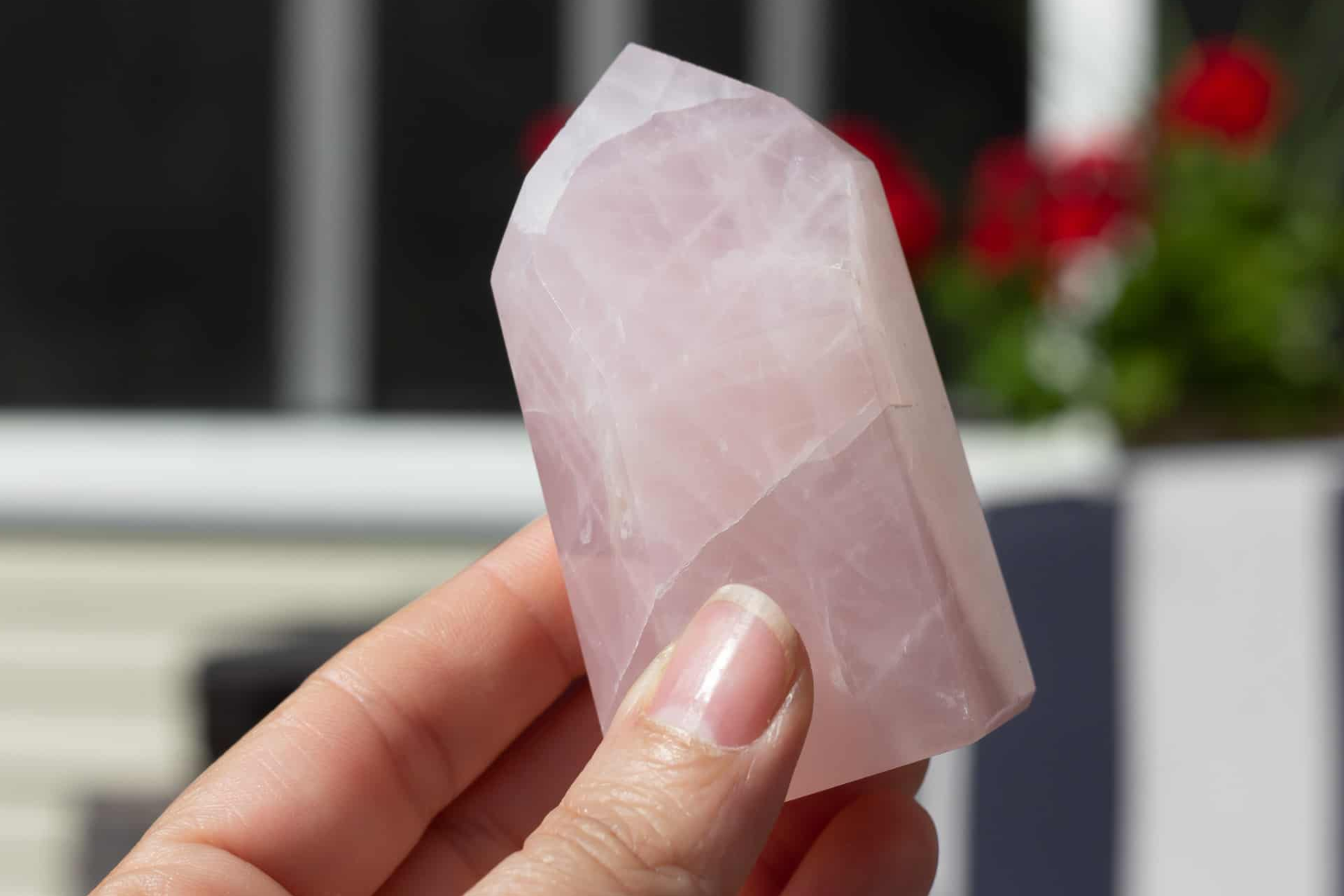 A hand of a woman holding a sphere-shaped Rose Quartz