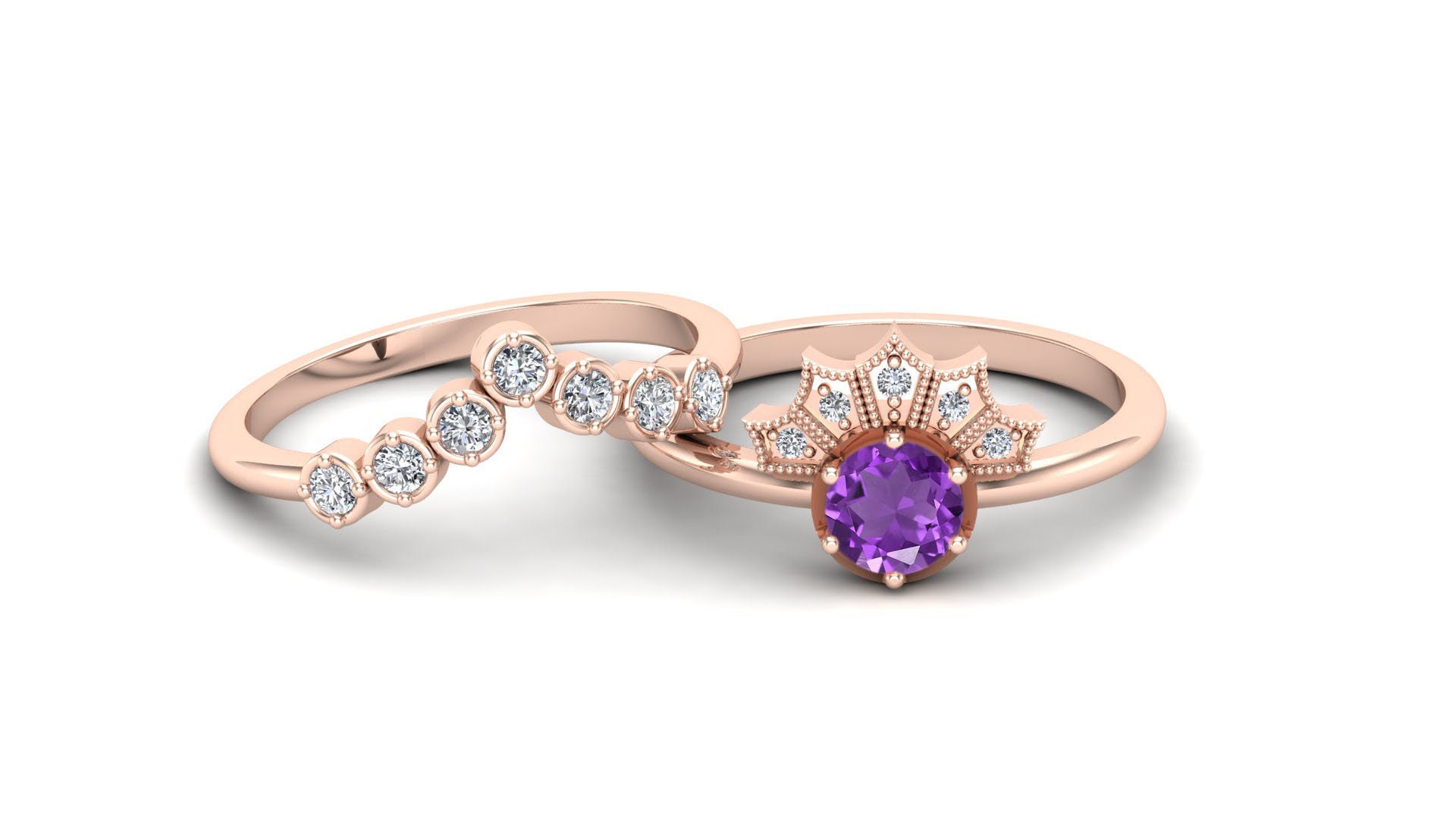Amethyst Engagement Ring Set for Women Art Deco Ring Set