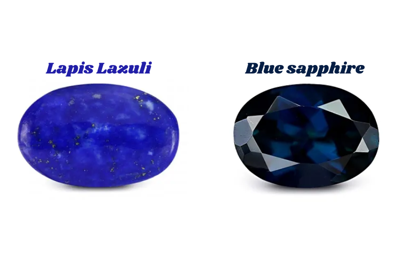 On the left is an oblong-shaped lapis, and on the right is an oblong-shaped blue sapphire