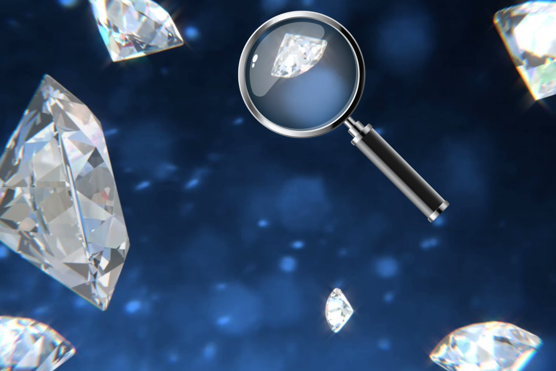 A magnifying glass placed in front of a falling diamond