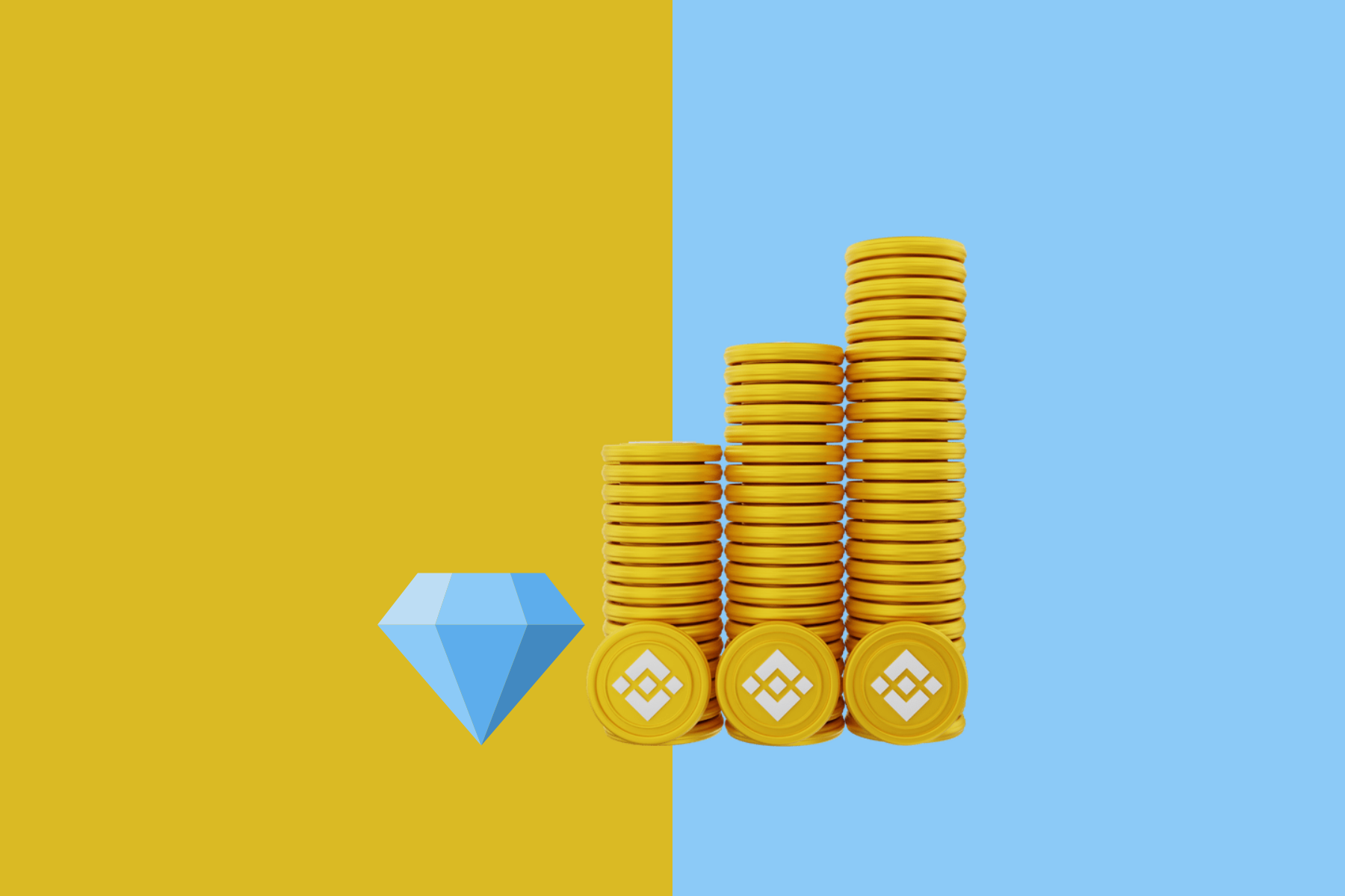 A blue gem next to a stack of tall Binance coins