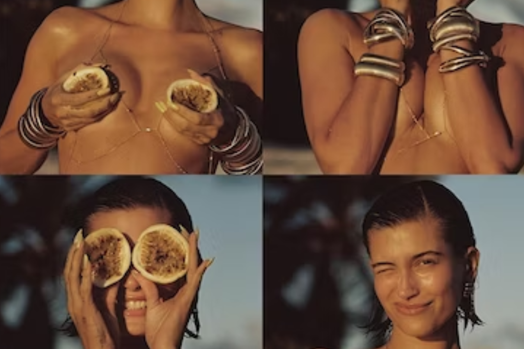 Hailey Bieber poses with a fruit in four photos while wearing a diamond bra