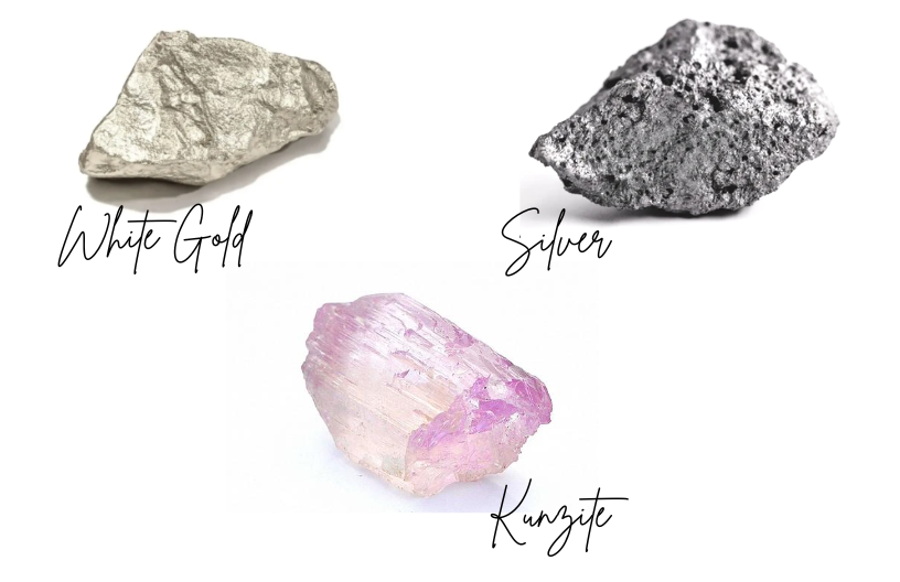 Three high-quality stones which are white gold, silver, and Kunzite stone