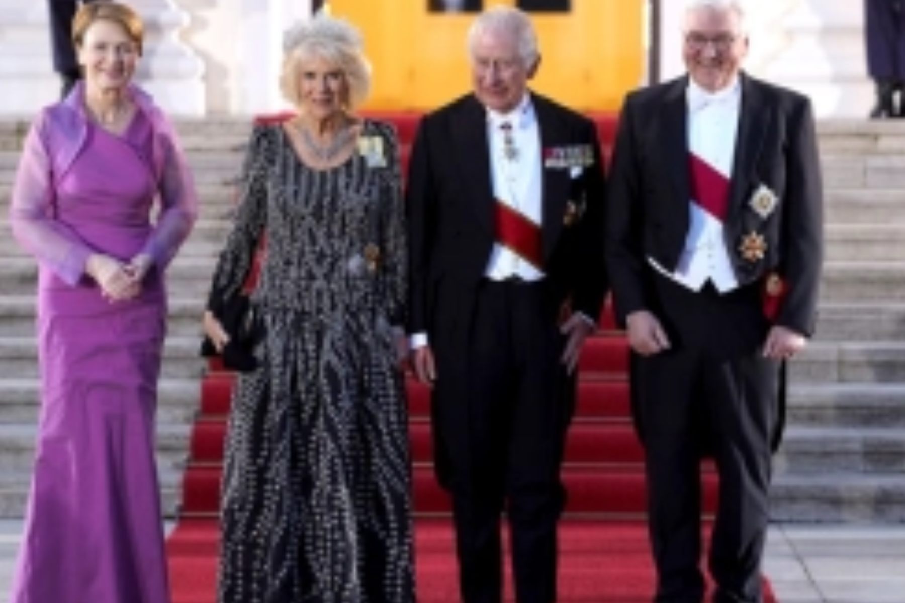 President of Germany Frank-Walter Steinmeier (R) and First Lady Elke Büdenbender (L) welcome King Charles III and Camilla, Queen Consort