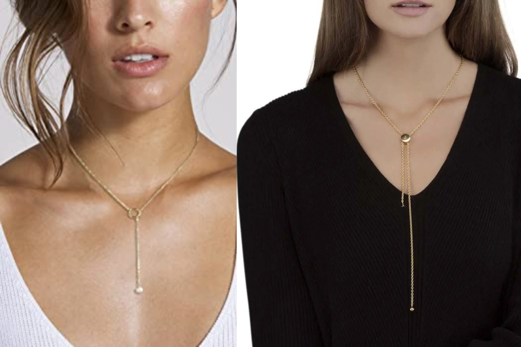 Two women wearing lariat necklaces of two different types