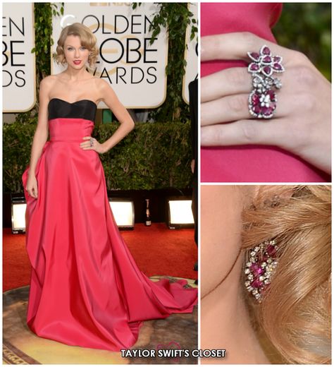 Taylor Swift in black and pink dress weaing a star ruby earrings and ring