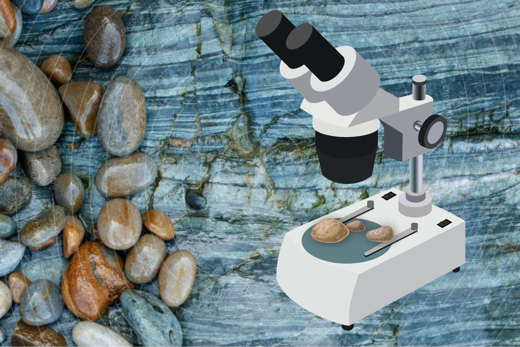 A 3D microscope with three teeny stones and a collection of teeny stone fragments