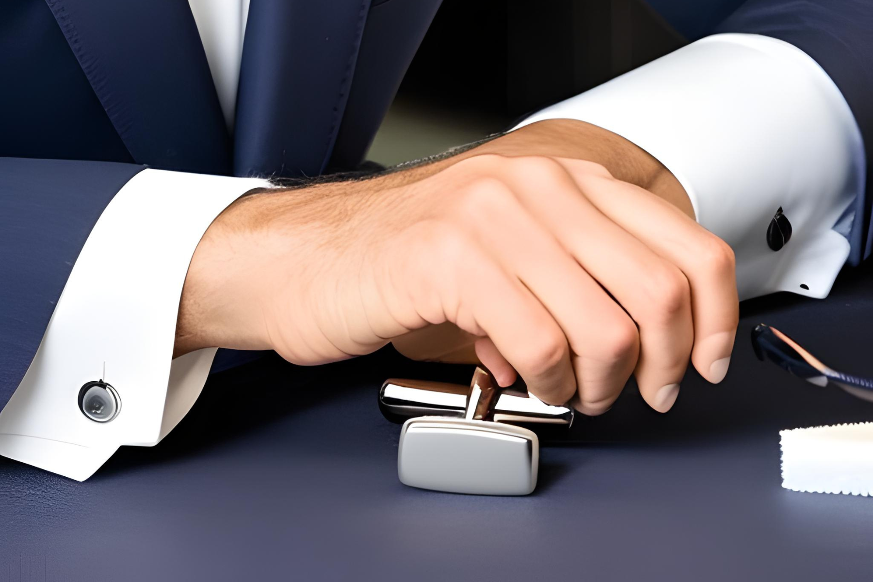 A man with a huge cufflink displayed on his desk