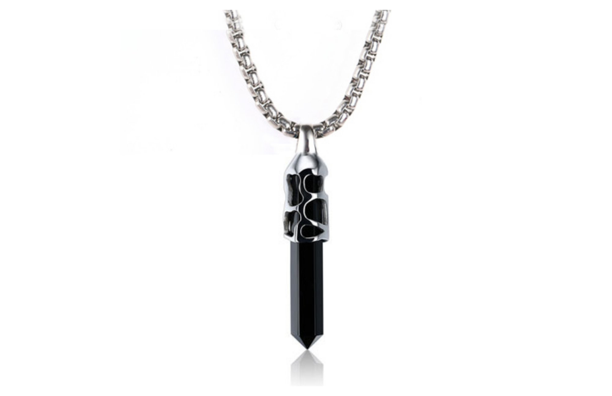 Elongated black onyx pendant attached on a stainless steel lace