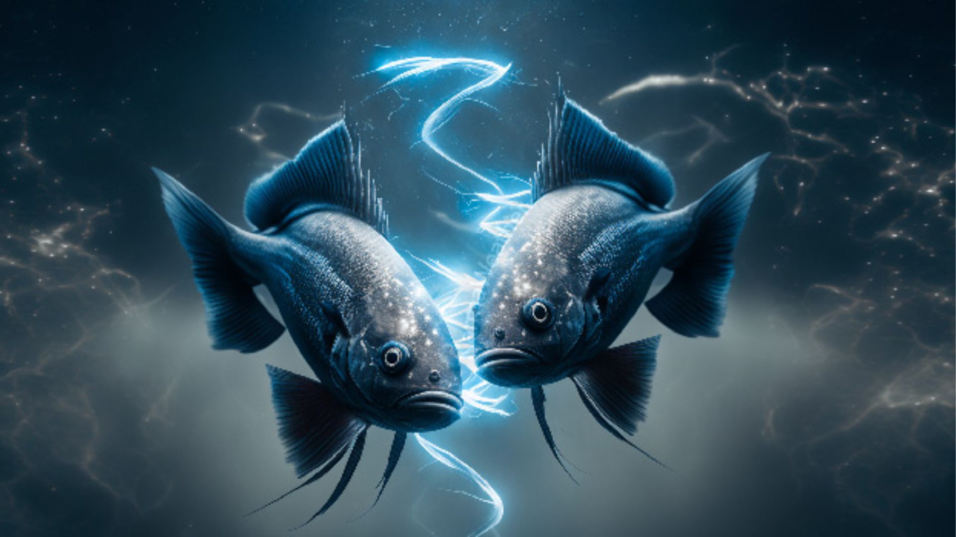 Two Blue Fishes With  A Spark Between Them