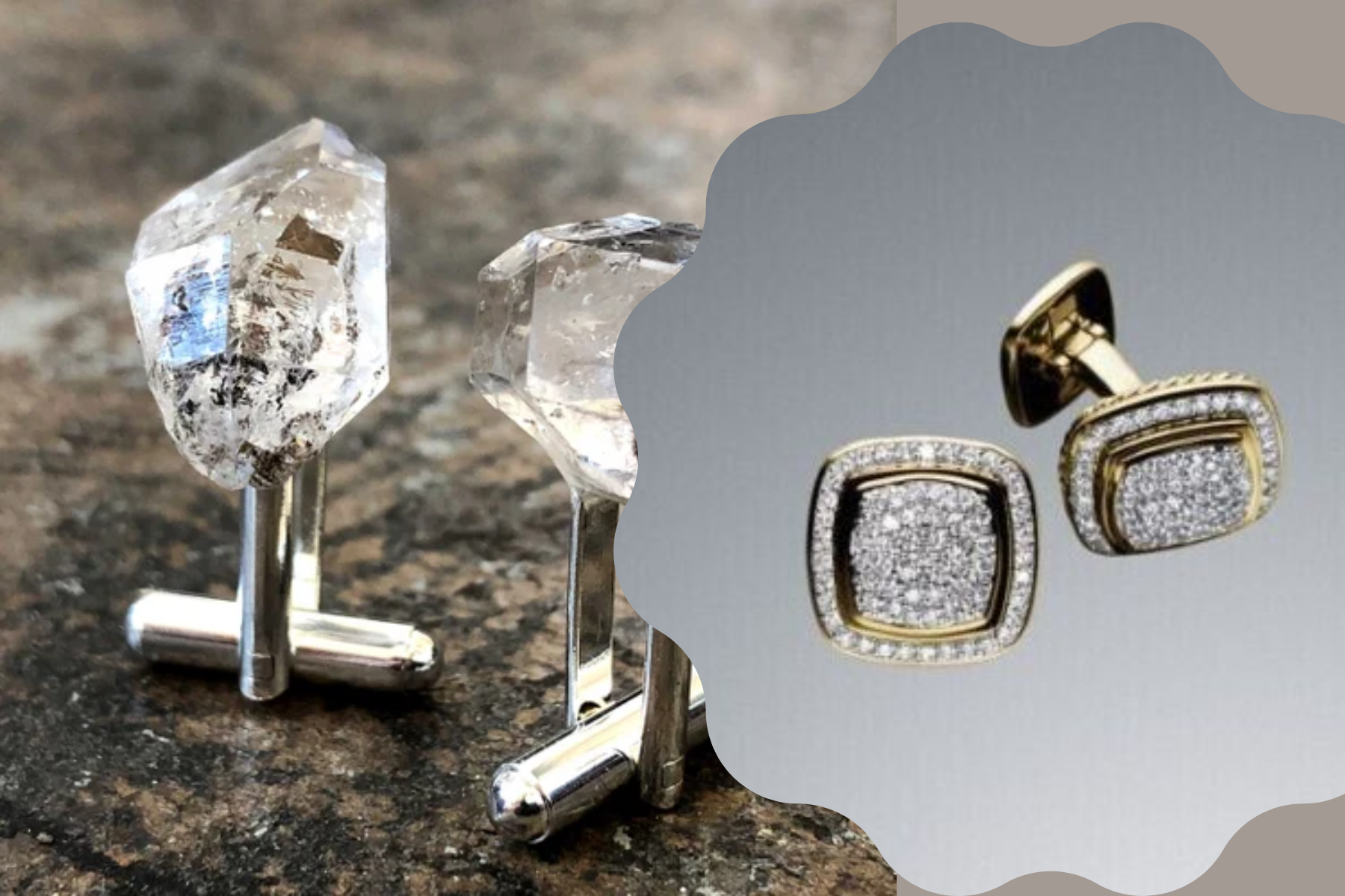 Two diamond cufflinks stand next to a pair of gold and diamond cufflinks on a floor