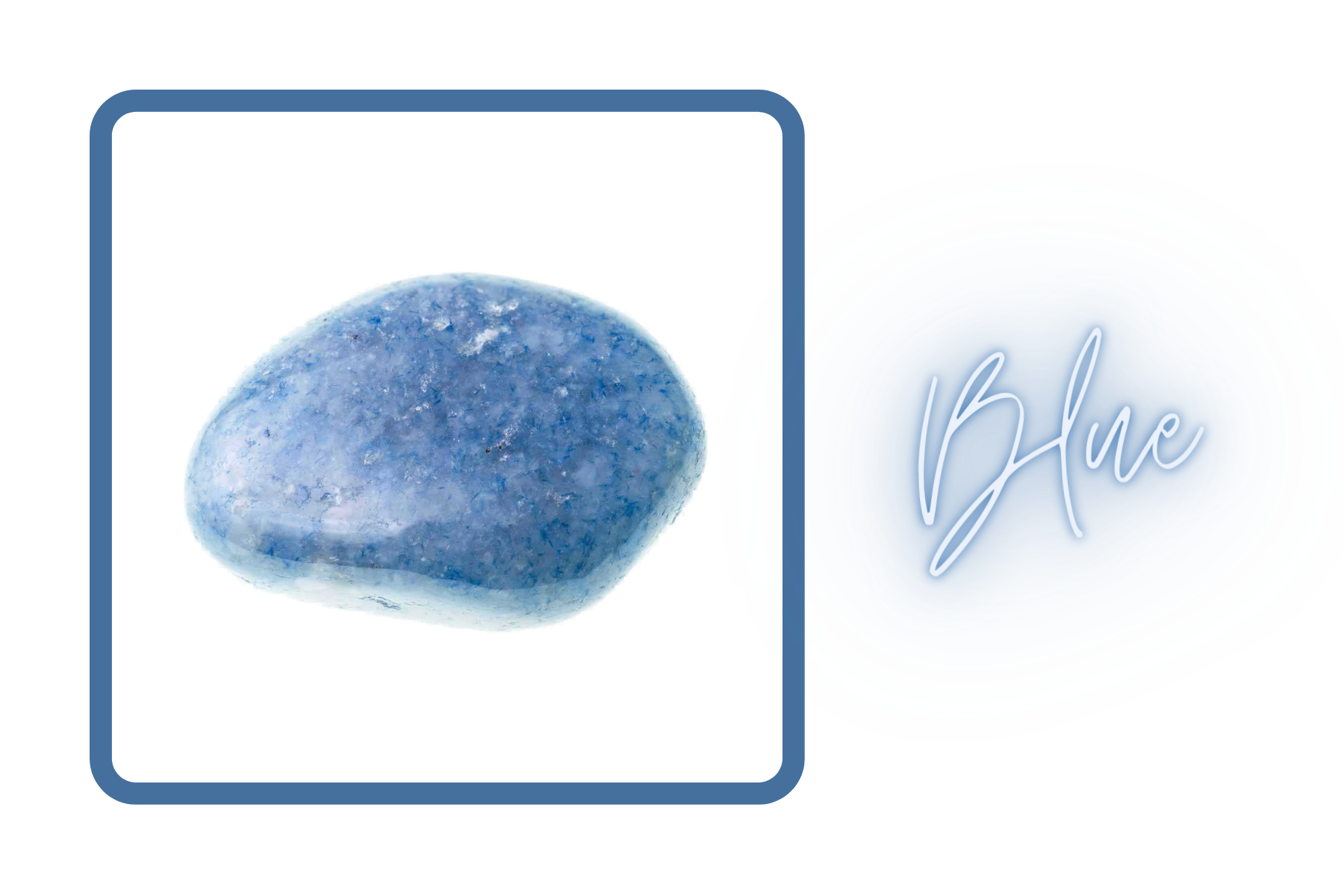 Blue Aventurine stone on a blue box with the word "blue" and a blue light effect