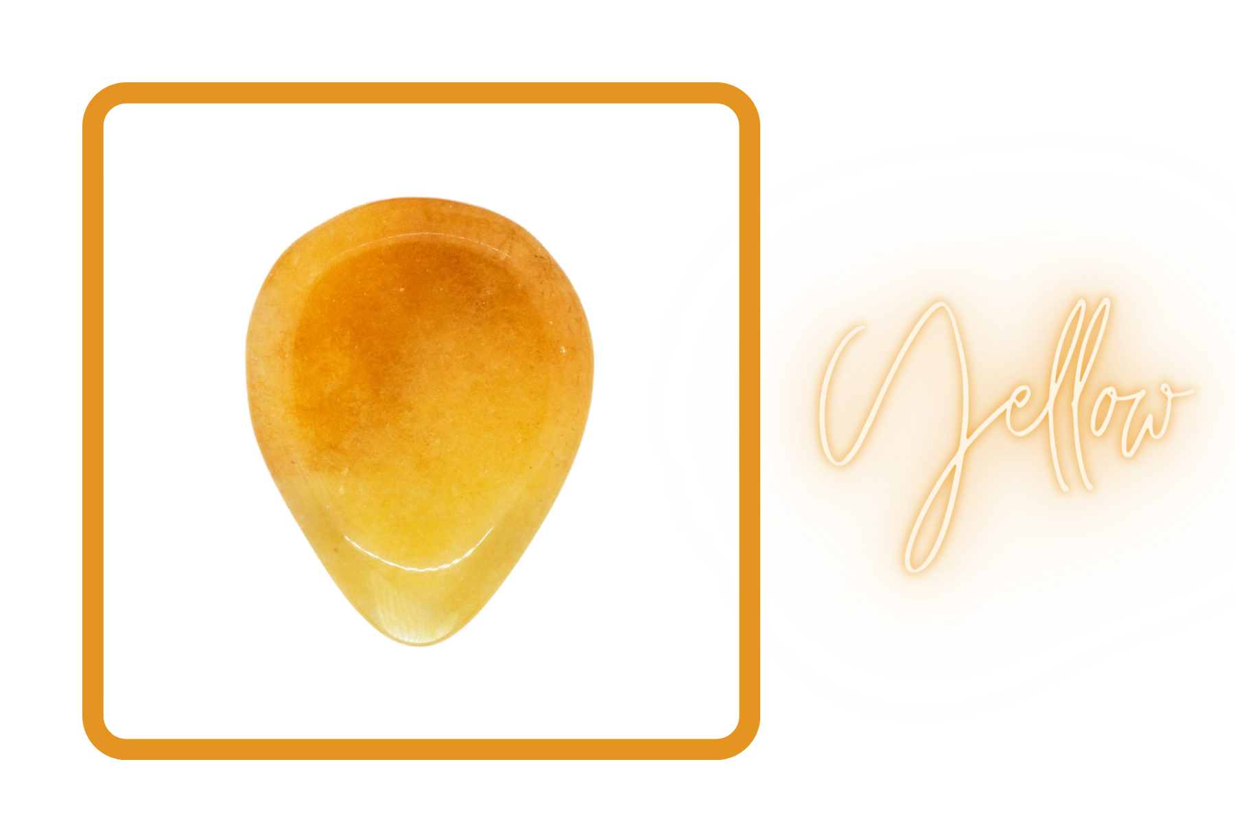 Pointed Yellow Aventurine stone on a yellow box with the word "yellow" and a yellow light effect