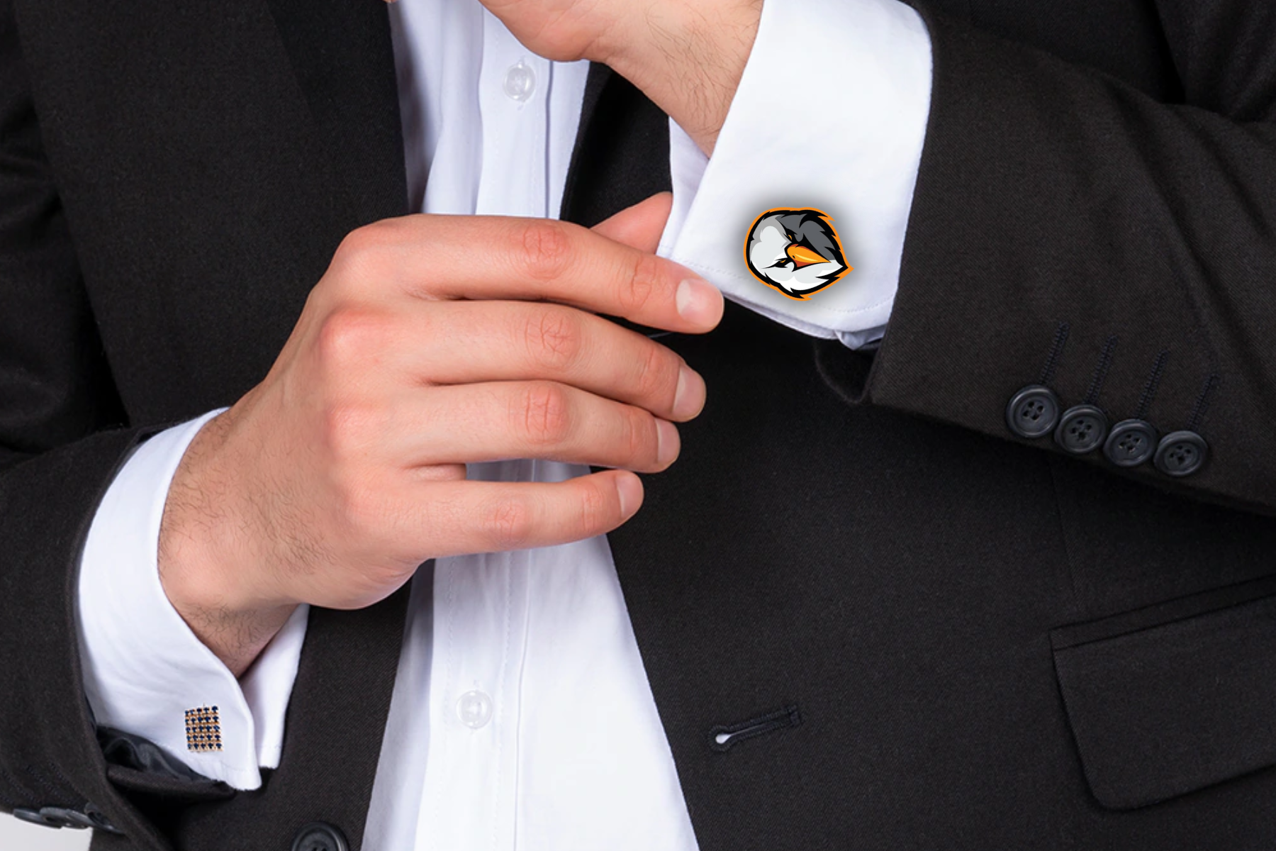 A gentleman in a formal suit with eagle cufflinks