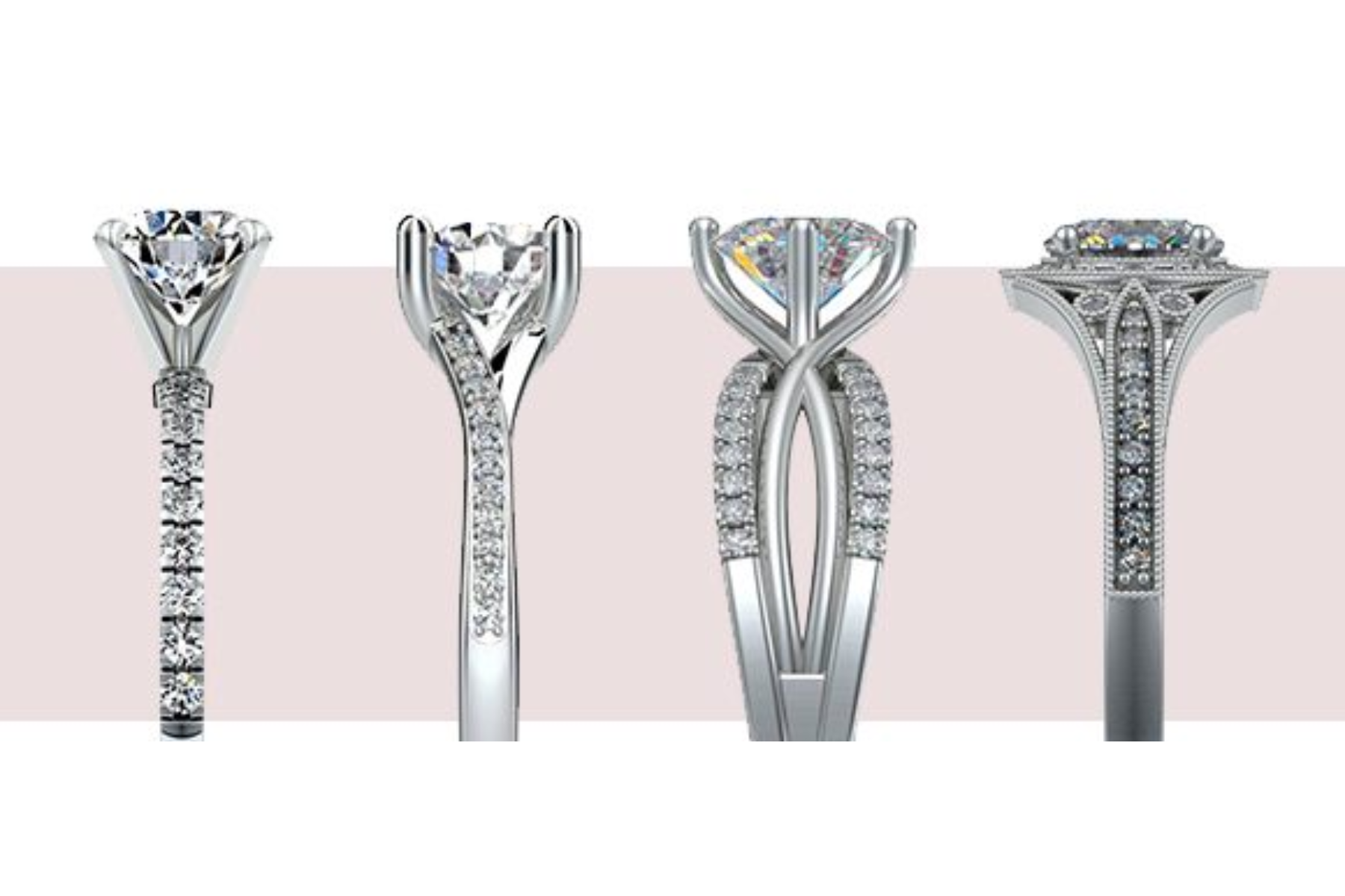 The image shows four different types of pave engagement rings
