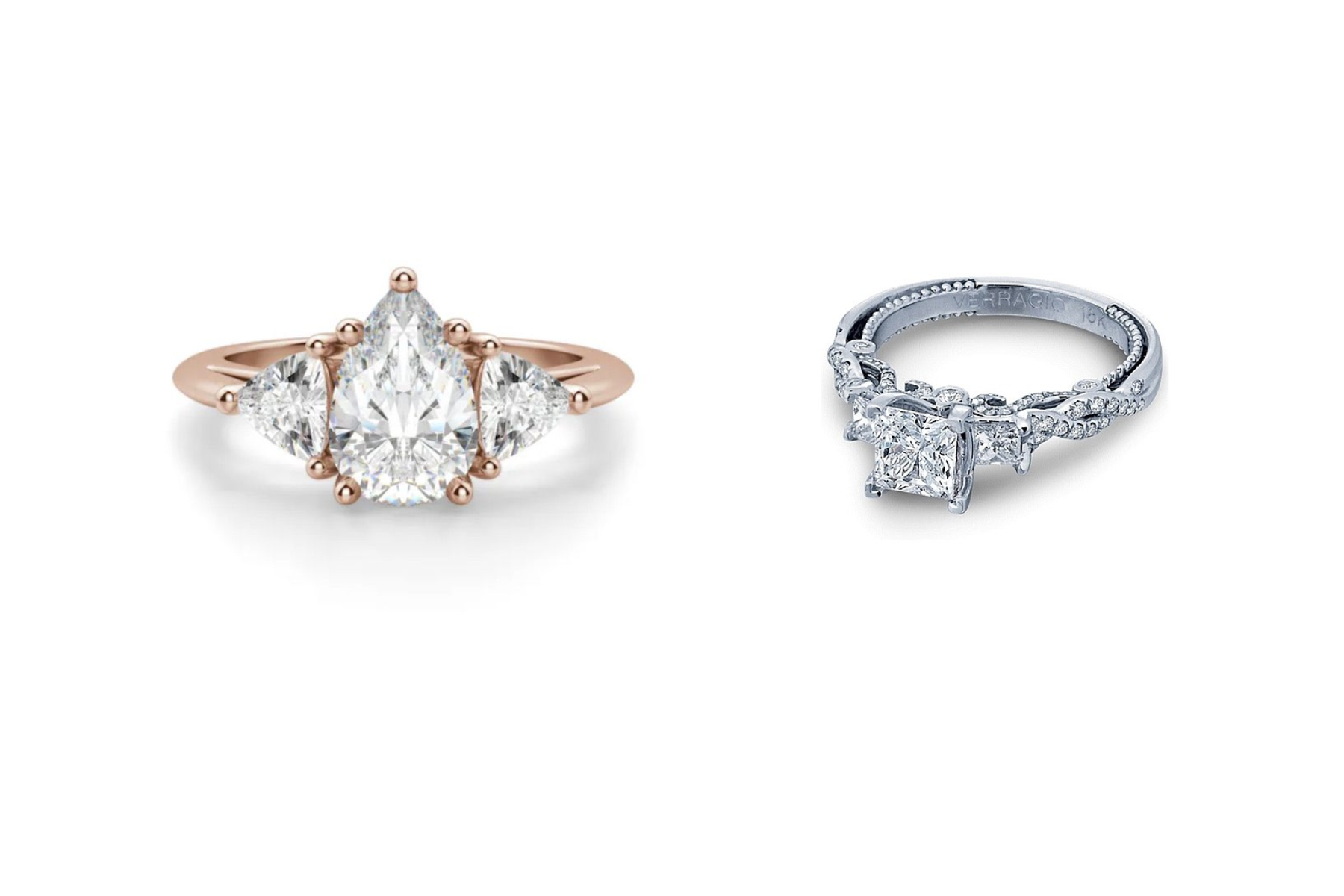 Two variations of three-stone engagement rings with different types of cuts