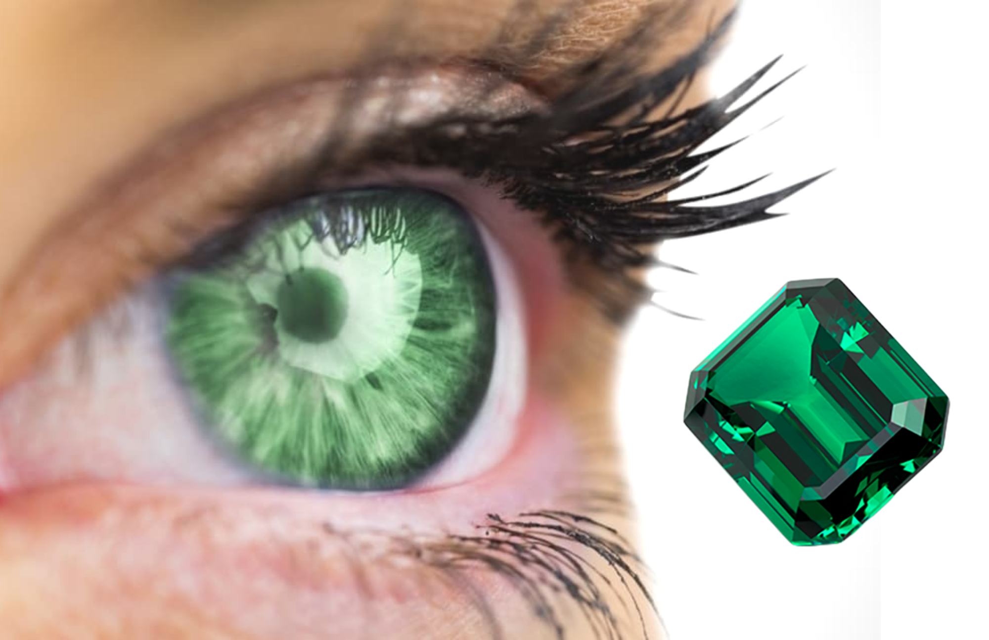 A closes look at a green eye and an emerald