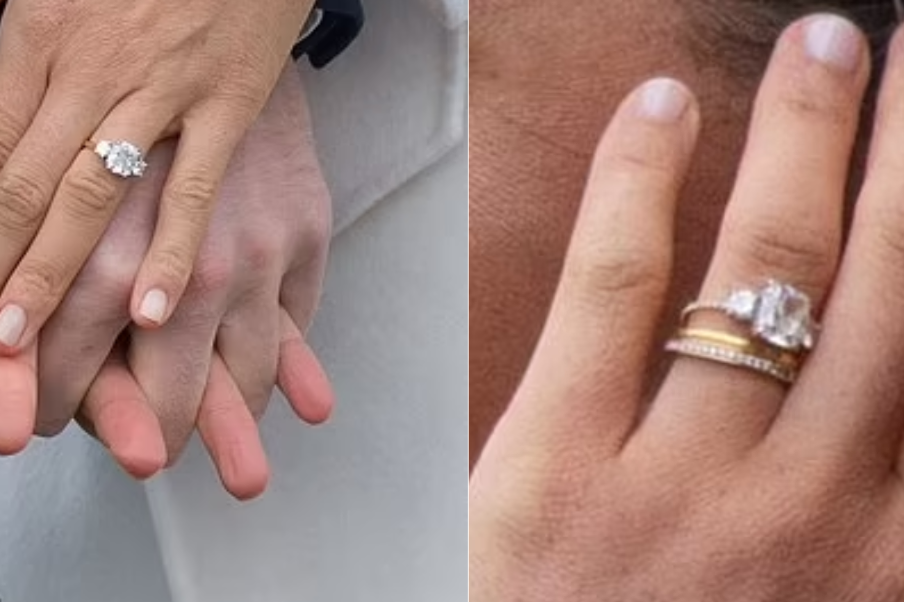 Prince Harry proposed to Meghan in November 2017 with a glittering ring comprising of a solid yellow gold band set with three diamonds (left). This was then changed to include a micro-pave band in 2019 (right) 