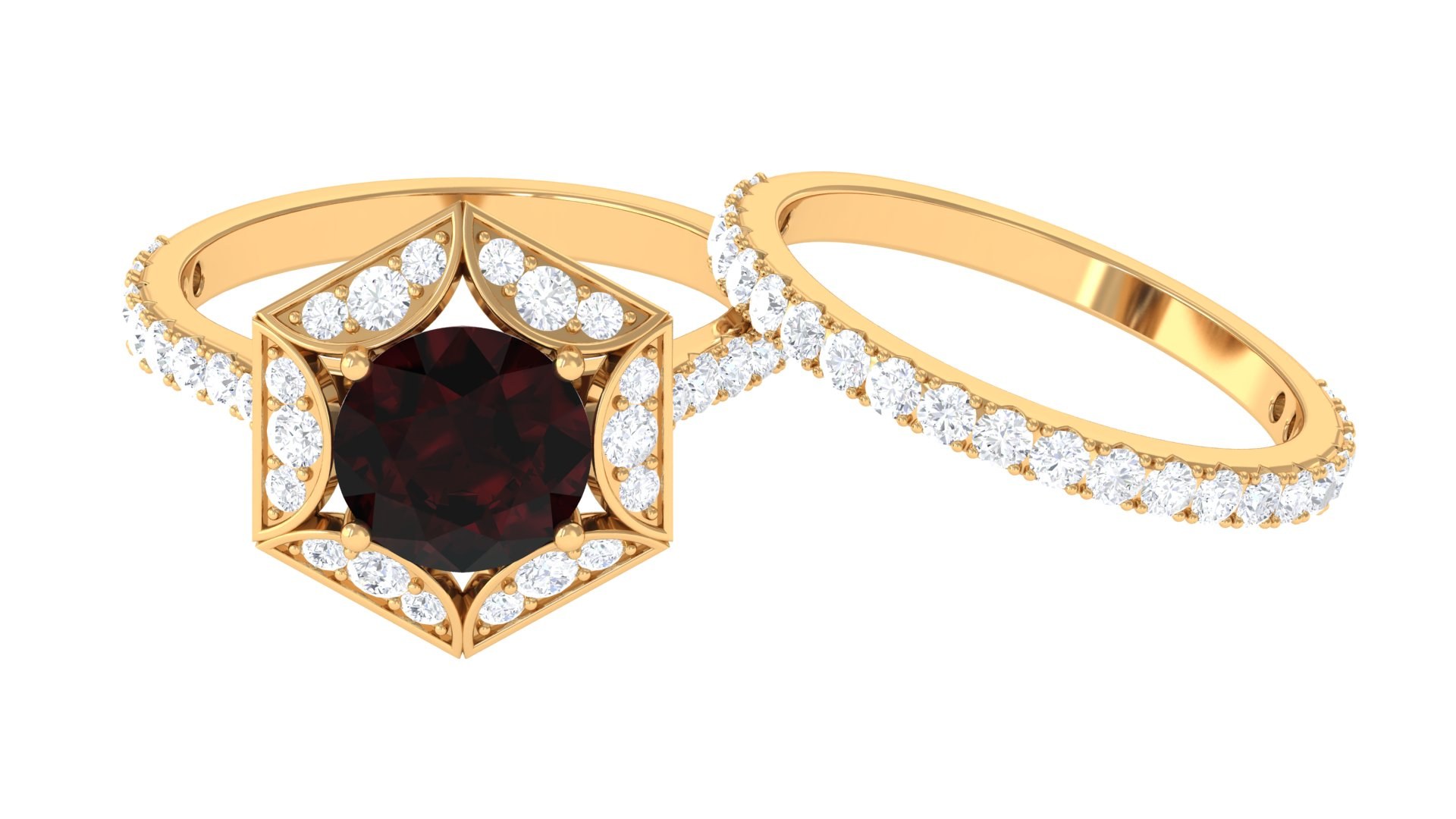 Vantage Inspired Engagement Ring Set for Women, Natural Garnet Ring Set with Moissanite in Gold