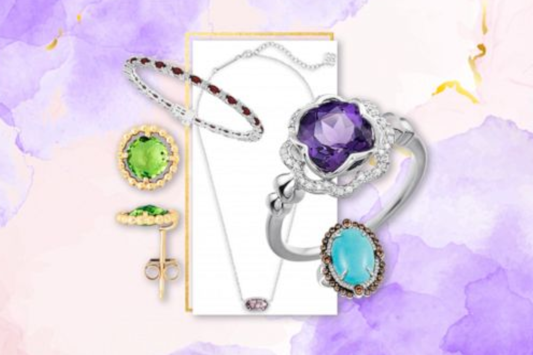 An image of various pieces of jewelry featuring different birthstones