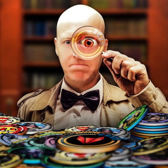 A man holding magnifying glass looking at cryptocurrency