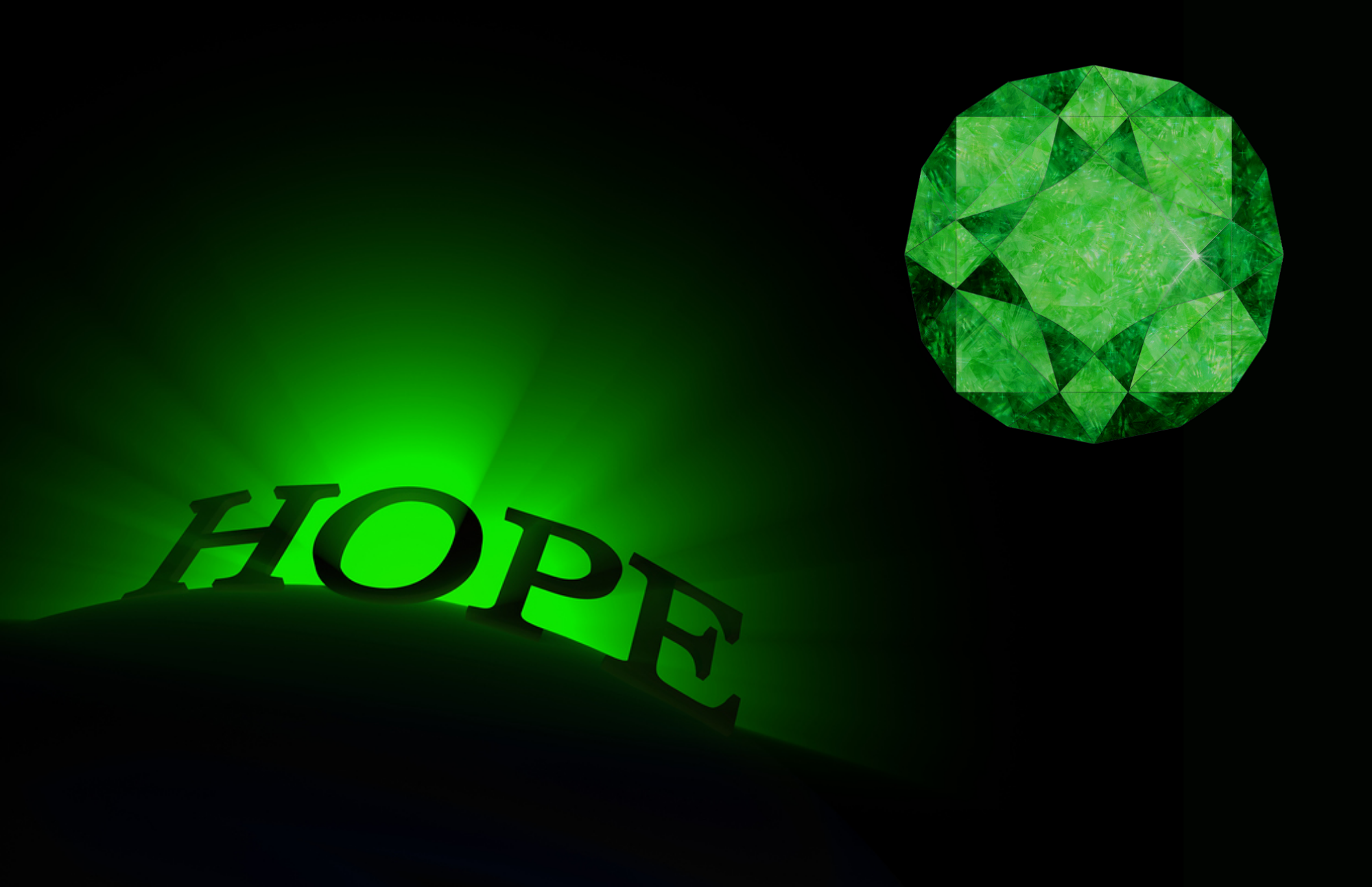 A silhouette of the word "HOPE" against a green light background and an emerald stone